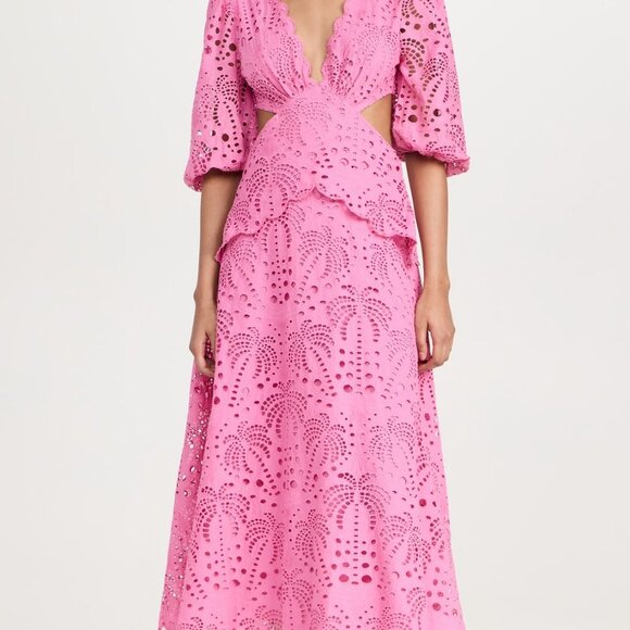 FARM Rio Pink Richelieu Midi Dress Eyelet Scallop Cutout Tuckernuck Sundress - Picture 5 of 9